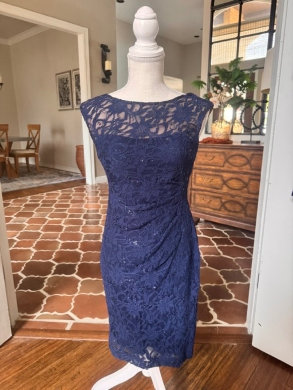 Lauren Ralph Lauren Navy Blue Sequin Lace Cocktail Sheath Dress